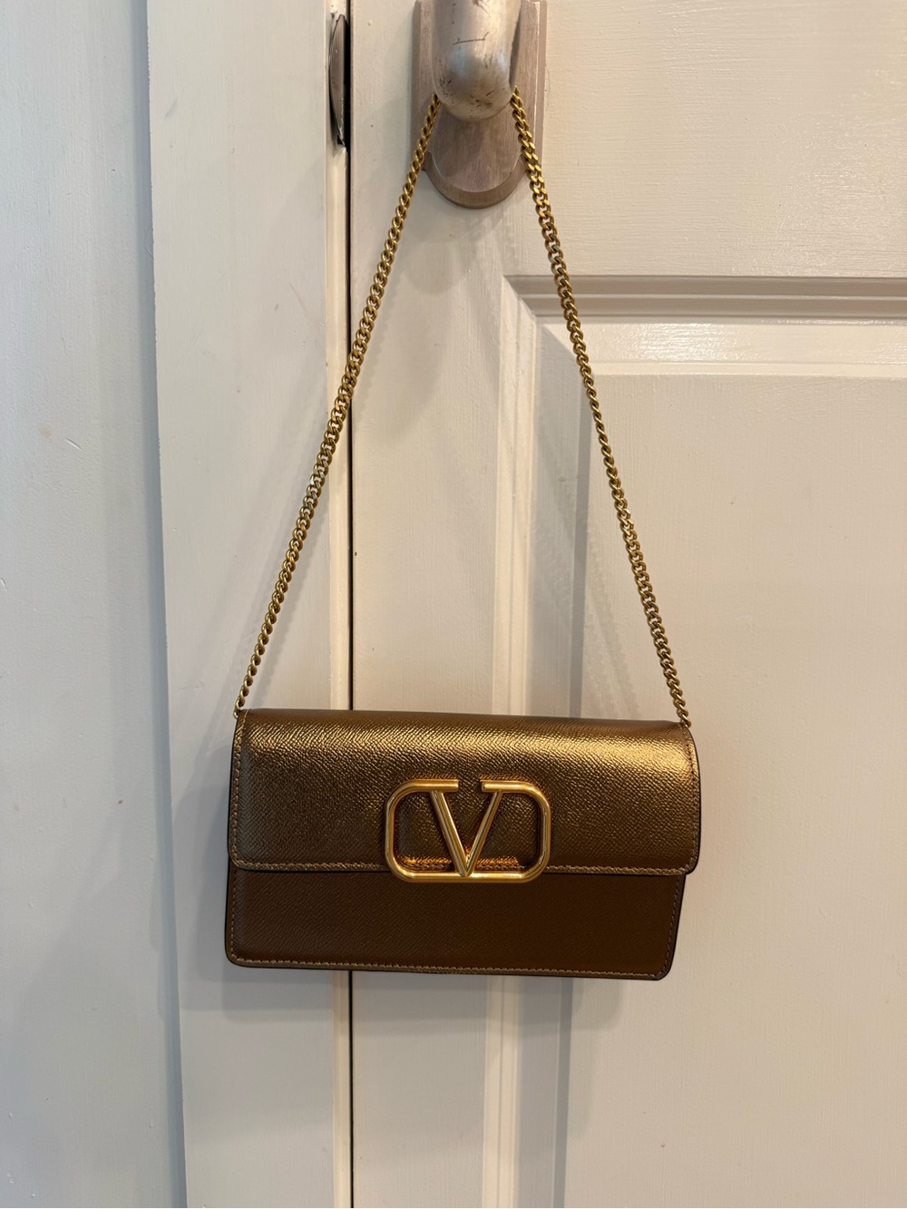 Valentino Garavani Metallic Gold V Logo Chain Shoulder Bag